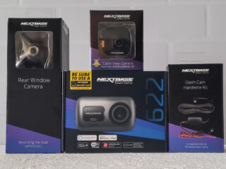 nextbase 622gw dashcam in box, with rear view window camera in box and in cabin view camera in box
