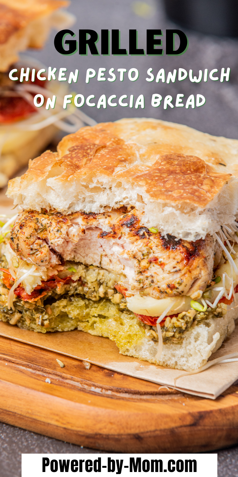 Enjoy this delicious grilled chicken pesto sandwich topped with melted mozzarella cheese, sundried tomatoes, basil pesto and arugula (or sprouts) on yummy focaccia bread. This pesto chicken sandwich is perfect those backyard gatherings or any occasion. 