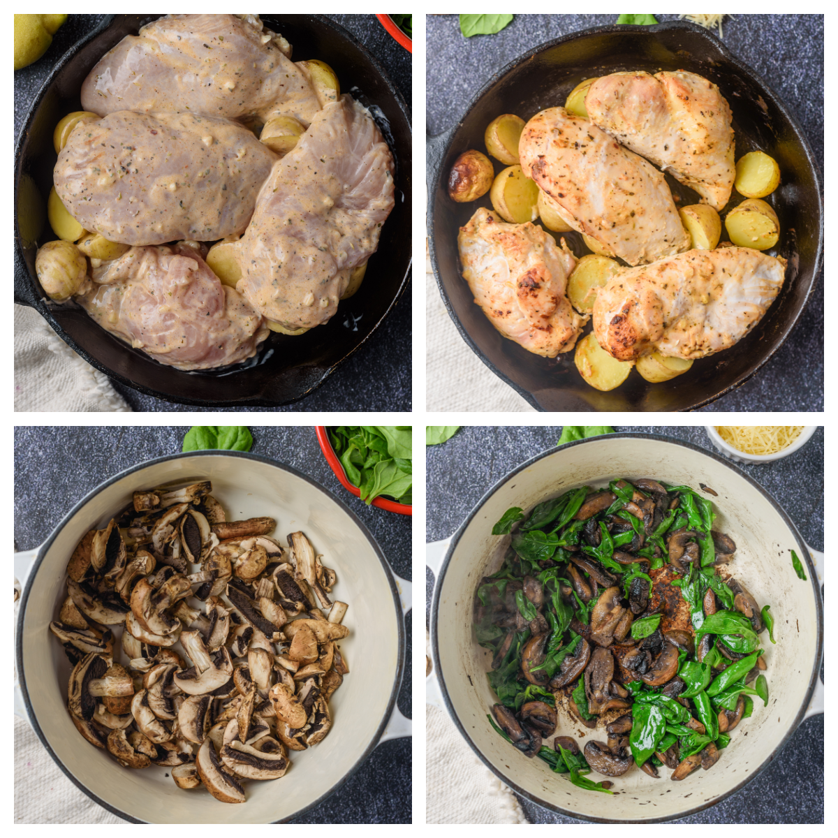 Photos left to right of a 4 photo collage uncooked marinated chicken breasts on top of baby potatoes in a cast iron skillet, cooked chicken and potatoes in cast iron skillet, mushrooms in a pot, sliced mushrooms and spinach mixed in the pot.