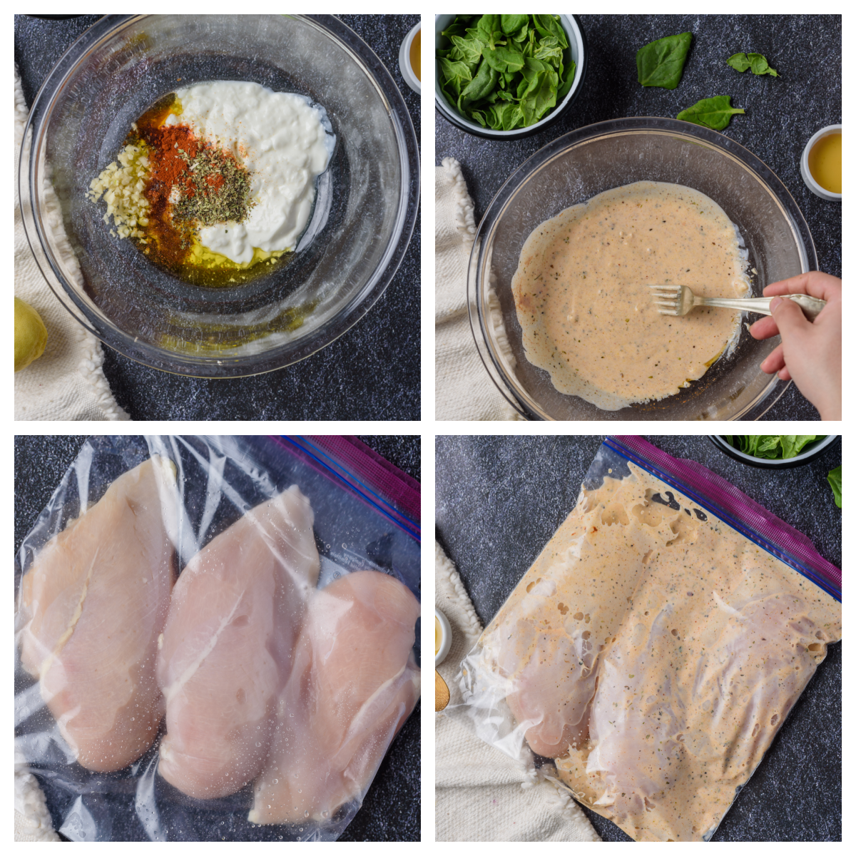 4 photo collage left to right, spices, yogurt, , lemon juice, honey, olive oil, minced garlic,oregano, salt, black pepper, paprika, and cayenne pepper in a glass bowl, 2nd photo all ingredients mixed, chicken breasts in a ziploc bag, chicken breasts with the marinade in the ziploc bag